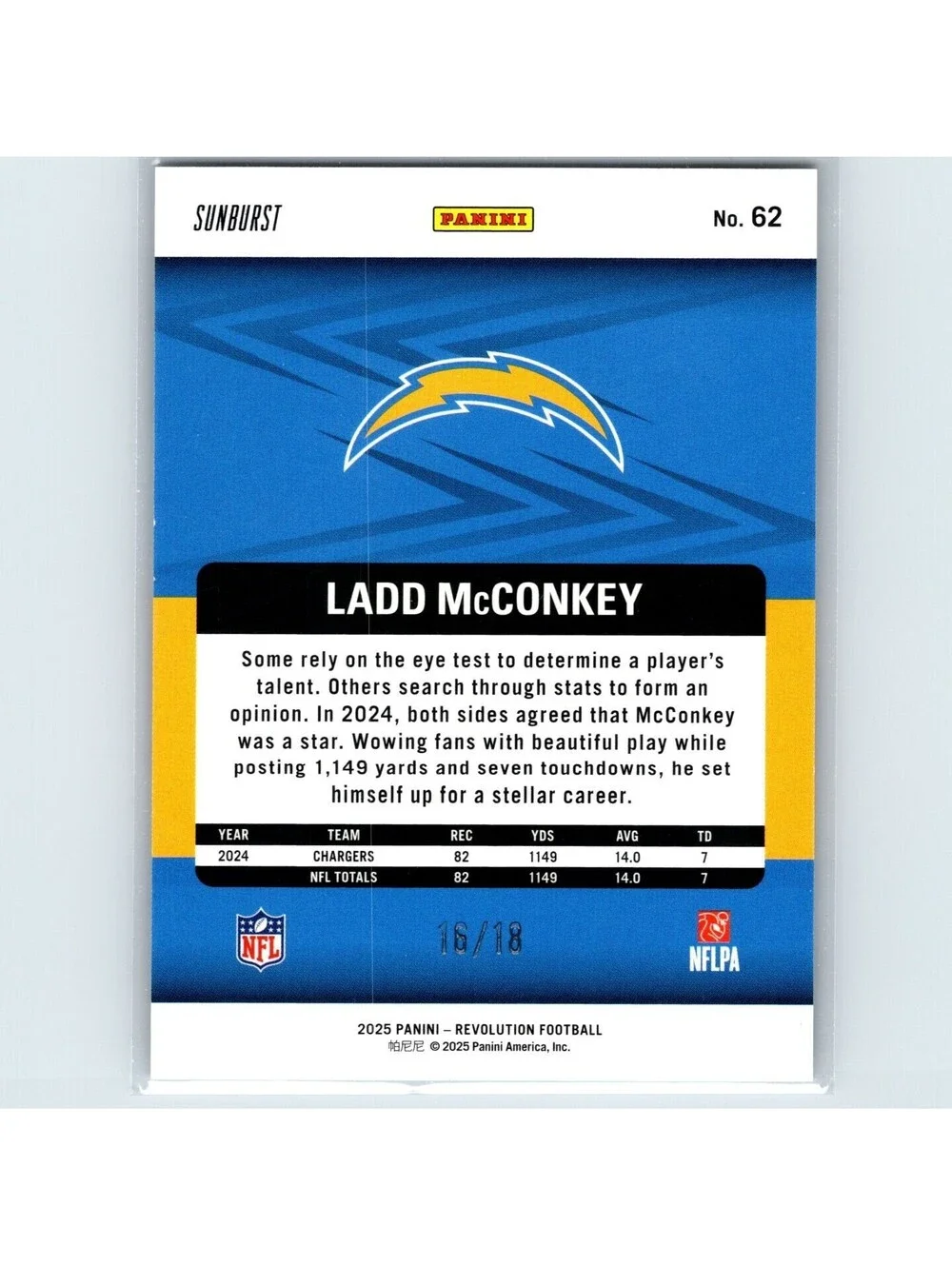 2025 Panini Revolution Football - Ladd McConkey #62 - Sunburst #/18 - Chargers